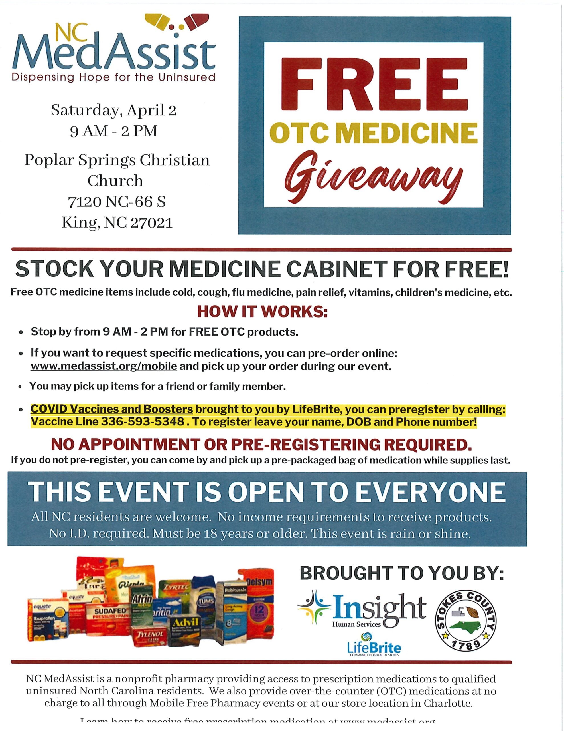a flier advertising a COVID vaccine and booster clinic and OTC medication give away on April 2 at Poplar Springs Christian Church in King from 9-2